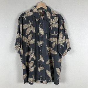 PINEAPPLE Connection Shirt Gray Leaf Print‎ Button Up Short Sleeve Size Large